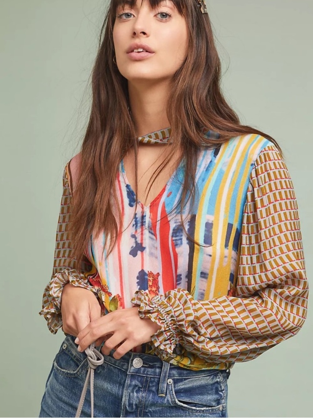 Anthropologie Conditions Apply Retro Boho Wearable Art Print Peasant Top Small